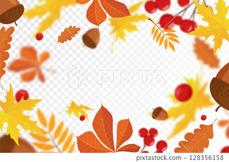 Falling colorful autumn maple and oak leaves, viburnum and acorns with defocused blur effect. Autumn background with leaf fall for your design. vector illustration. Flat design Falling colorful autumn maple and oak leaves, viburnum and acorns with defocused blur effect. Autumn background with leaf fall for your design. vector illustration. Flat design 128356158