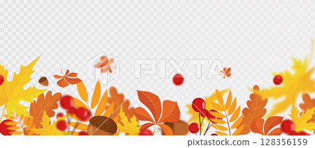Falling colorful autumn maple and oak leaves, viburnum and acorns with defocused blur effect. Autumn background with leaf fall for your design. vector illustration. Flat design Falling colorful autumn maple and oak leaves, viburnum and acorns with defocused blur effect. Autumn background with leaf fall for your design. vector illustration. Flat design 128356159
