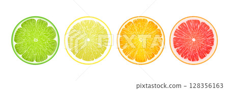 Set of juicy citrus slices. Realistic 3d vector illustration. Lemon, orange, grapefruit, lime icons set. Bright colorful Isolated elements on white background. For creative designs, logos, stickers Set of juicy citrus slices. Realistic 3d vector illustration. Lemon, orange, grapefruit, lime icons set. Bright colorful Isolated elements on white background. For creative designs, logos, stickers 128356163