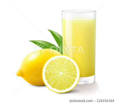 Glass of fresh lemonade with whole and piece of lemon. Juicy citrus with leaves, isolated on white background. Smoothies of lemon. Realistic 3d vector illustration for advertising your products 128356164