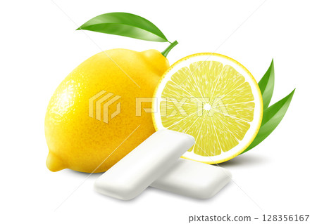 Lemon chewing gum. Bubble gum with lemon citrus flavor. Chewing pads with fresh ripe lemon, oral health product, realistic advertising poster. Isolated 3d vector illustration Lemon chewing gum. Bubble gum with lemon citrus flavor. Chewing pads with fresh ripe lemon, oral health product, realistic advertising poster. Isolated 3d vector illustration 128356167