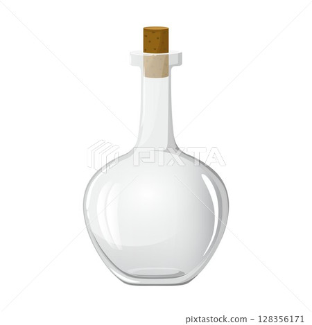 Empty glass bottle with cork stopper for water, wine or oil. Magic blank vessel for potions. Empty jar for milk, vinegar or juice. Flat design vector illustration isolated on white background Empty glass bottle with cork stopper for water, wine or oil. Magic blank vessel for potions. Empty jar for milk, vinegar or juice. Flat design vector illustration isolated on white background 128356171