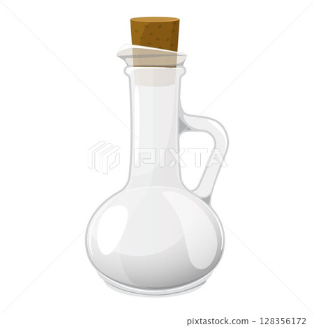 Empty glass bottle with cork stopper for water, wine or oil. Magic blank vessel for potions. Empty jar for milk, vinegar or juice. Pitcher with spigot. Flat vector illustration isolated on white Empty glass bottle with cork stopper for water, wine or oil. Magic blank vessel for potions. Empty jar for milk, vinegar or juice. Pitcher with spigot. Flat vector illustration isolated on white 128356172