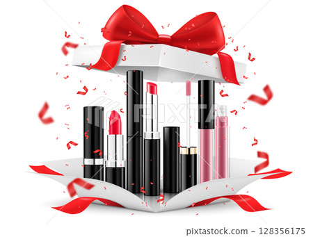 Colored Lipsticks, lip glosses inside open gift box, isolated on white background. White gift box with cosmetic items. Present, Gift, Surprise concept. 3D rendering Realistic vector illustration Colored Lipsticks, lip glosses inside open gift box, isolated on white background. White gift box with cosmetic items. Present, Gift, Surprise concept. 3D rendering Realistic vector illustration 128356175