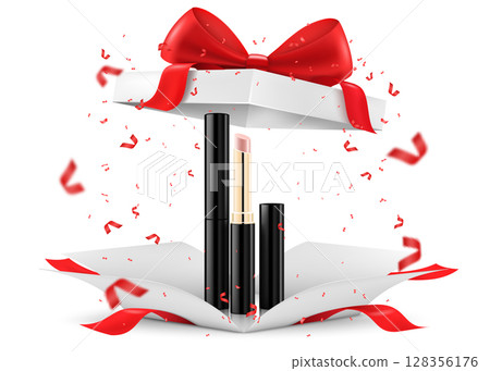 Colored Lipsticks, lip glosses inside open gift box, isolated on white background. White gift box with cosmetic items. Present, Gift, Surprise concept. 3D rendering Realistic vector illustration 128356176