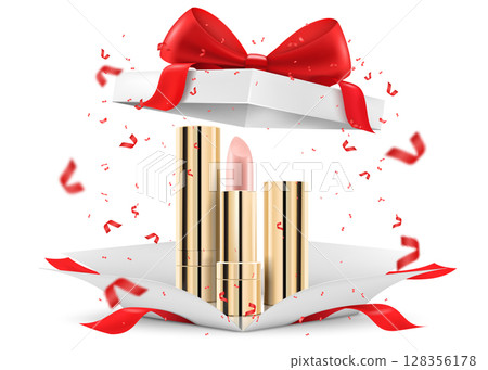 Colored Lipsticks, lip glosses inside open gift box, isolated on white background. White gift box with cosmetic items. Present, Gift, Surprise concept. 3D rendering Realistic vector illustration 128356178
