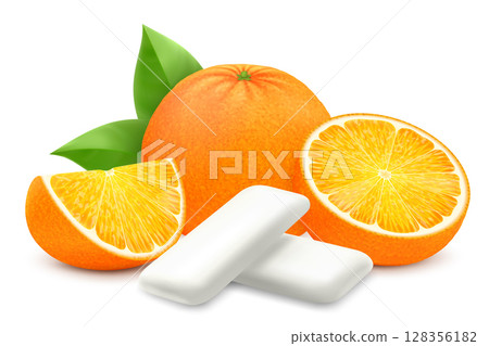 Orange chewing gum. Bubble gum with orange citrus flavor. Chewing pads with fresh ripe orange, oral health product, realistic advertising poster. Isolated 3d vector illustration Orange chewing gum. Bubble gum with orange citrus flavor. Chewing pads with fresh ripe orange, oral health product, realistic advertising poster. Isolated 3d vector illustration 128356182