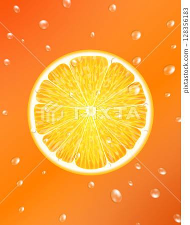 Orange slice with drops of juice. Orange juice drips. An element for your packaging design. Vector illustration. Realistic 3d vector illustration. Close-up. Orange slice with drops of juice. Orange juice drips. An element for your packaging design. Vector illustration. Realistic 3d vector illustration. Close-up. 128356183
