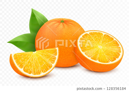 Fresh orange fruits, juicy orange with leaves, half, slice, and whole fruit, isolated on white background. Realistic 3d vector illustration Fresh orange fruits, juicy orange with leaves, half, slice, and whole fruit, isolated on white background. Realistic 3d vector illustration 128356184