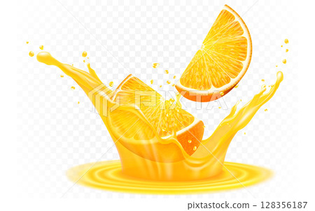 Juice splash with orange slice realistic vector. 3d citrus fruit liquid, summer tropical vacation drink symbol. Fresh vitamin sweet liquid flowing in motion, isolated background illustration Juice splash with orange slice realistic vector. 3d citrus fruit liquid, summer tropical vacation drink symbol. Fresh vitamin sweet liquid flowing in motion, isolated background illustration 128356187