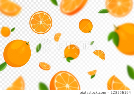 Orange citrus background. Flying orange with green leaf on transparent background. Orange falling from different angles. Focused and blurry objects. Flat cartoon vector. 128356194