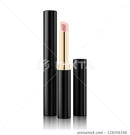 Lipstick tube template, Realistic mockup for decorative female cosmetics. 3d realistic packaging, opened and closed with cap. Vector illustration isolated on white background Lipstick tube template, Realistic mockup for decorative female cosmetics. 3d realistic packaging, opened and closed with cap. Vector illustration isolated on white background 128356198