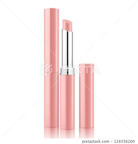 Lipstick tube template, vector mock-up. Nude lip balm, 3d realistic packaging, opened and closed with cap. Decorative cosmetic product. Vector illustration isolated on white background Lipstick tube template, vector mock-up. Nude lip balm, 3d realistic packaging, opened and closed with cap. Decorative cosmetic product. Vector illustration isolated on white background 128356200