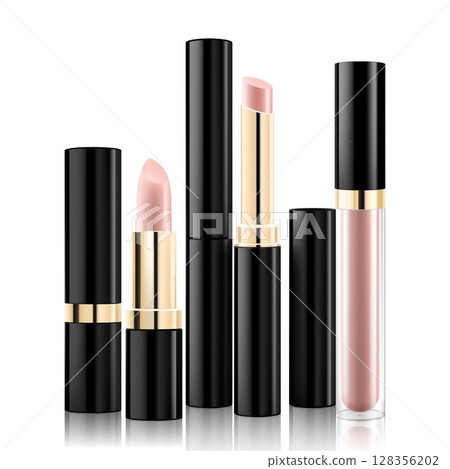 Set of lipsticks , lip balms and glosses mockup, isolated on white background. Lipsticks in trendy shades for your design, 3d realistic vector packaging illustration. Blank template of containers. Set of lipsticks , lip balms and glosses mockup, isolated on white background. Lipsticks in trendy shades for your design, 3d realistic vector packaging illustration. Blank template of containers. 128356202