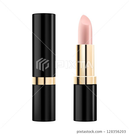Lipstick black tube template, Realistic mockup for decorative female cosmetics. 3d realistic packaging, opened and closed with cap. Vector illustration isolated on white Lipstick black tube template, Realistic mockup for decorative female cosmetics. 3d realistic packaging, opened and closed with cap. Vector illustration isolated on white 128356203