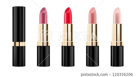 Set of colored lipsticks. Red, pink, orange, nude lipstick mockup. 3d realistic packaging. Decorative cosmetic for lip. Blank template of containers. Vector illustration isolated on white Set of colored lipsticks. Red, pink, orange, nude lipstick mockup. 3d realistic packaging. Decorative cosmetic for lip. Blank template of containers. Vector illustration isolated on white 128356206
