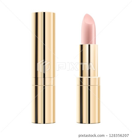 Golden lipstick tube template, vector mockup. 3d realistic packaging, opened and closed with cap. Decorative cosmetic product for beautiful lip. Vector illustration isolated on white Golden lipstick tube template, vector mockup. 3d realistic packaging, opened and closed with cap. Decorative cosmetic product for beautiful lip. Vector illustration isolated on white 128356207