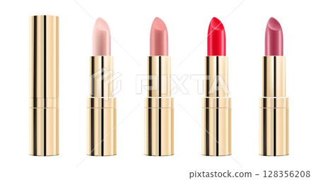 Set of colored lipsticks. Red, pink, orange, nude lipstick mockup. 3d realistic packaging. Decorative cosmetic for lip. Blank template of containers. Vector illustration isolated on white 128356208
