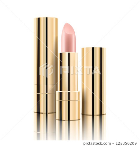 Golden lipstick tube template, vector mock-up. 3d realistic packaging, opened and closed with cap. Decorative cosmetic product for beautiful lip. Vector illustration isolated on white Golden lipstick tube template, vector mock-up. 3d realistic packaging, opened and closed with cap. Decorative cosmetic product for beautiful lip. Vector illustration isolated on white 128356209