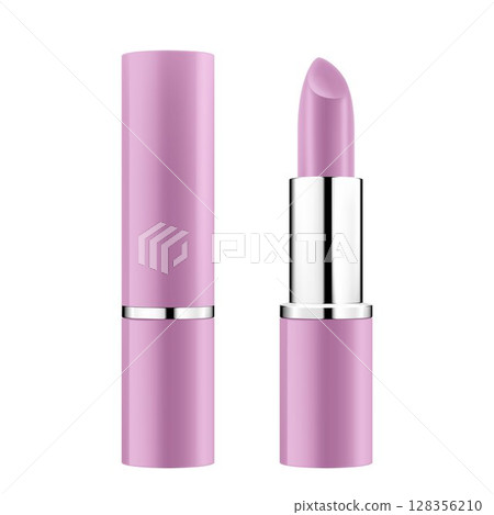 Lipstick tube template, vector mock-up. 3d realistic packaging, opened and closed with cap. Decorative cosmetic product for beautiful lip. Vector illustration isolated on white Lipstick tube template, vector mock-up. 3d realistic packaging, opened and closed with cap. Decorative cosmetic product for beautiful lip. Vector illustration isolated on white 128356210
