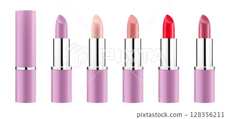 Set of colored lipsticks. Red, pink, orange, nude lipstick mockup. 3d realistic packaging. Decorative cosmetic for lip. Blank template of containers. Vector illustration isolated on white 128356211