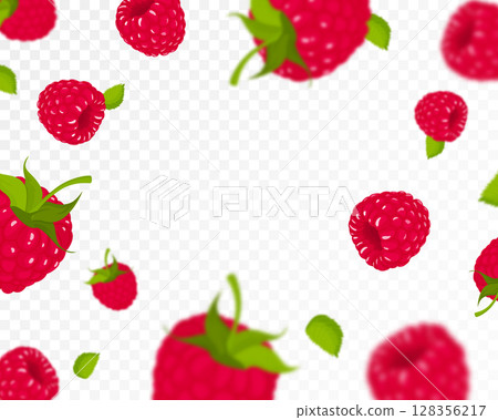 Raspberry background. Flying raspberry with green leaf on transparent background. Raspberry falling from different angles. Focused and blurry objects. Flat cartoon vector. Raspberry background. Flying raspberry with green leaf on transparent background. Raspberry falling from different angles. Focused and blurry objects. Flat cartoon vector. 128356217