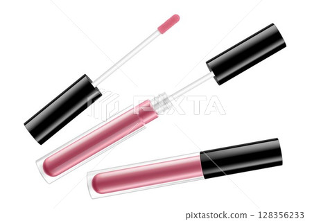 Lip gloss tube template. Lip cream plastic transparent 3d realistic vector packaging, opened and closed with black cap isolated on white background. Lipstick color swatch set. Lip gloss tube template. Lip cream plastic transparent 3d realistic vector packaging, opened and closed with black cap isolated on white background. Lipstick color swatch set. 128356233