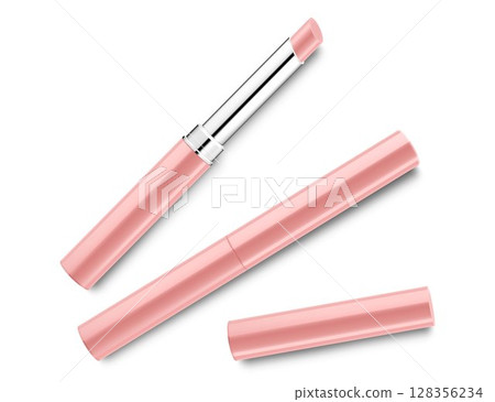 Lipstick tube template, vector mock-up. Nude lip balm, 3d realistic packaging, opened and closed with cap. Decorative cosmetic product. Vector illustration isolated on white background Lipstick tube template, vector mock-up. Nude lip balm, 3d realistic packaging, opened and closed with cap. Decorative cosmetic product. Vector illustration isolated on white background 128356234