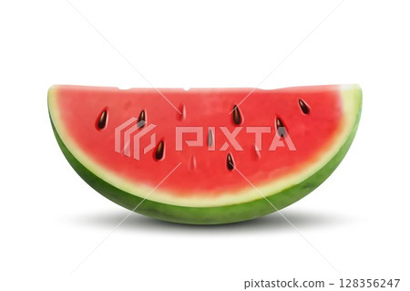 Slice of watermelon. Vector 3d realistic ripe fresh fruit watermelon piece isolated on white background. Illustration of juicy red watermelon slice with pits 128356247