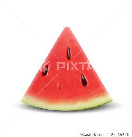 Slice of watermelon. Vector 3d realistic ripe fresh fruit watermelon piece isolated on white background. Illustration of juicy red watermelon slice with pits 128356248