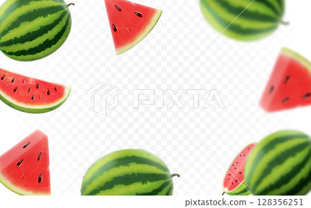 Falling watermelon fruit on transparent background. Blurred and realistic watermelon slices and geen leaves for advertising. 128356251