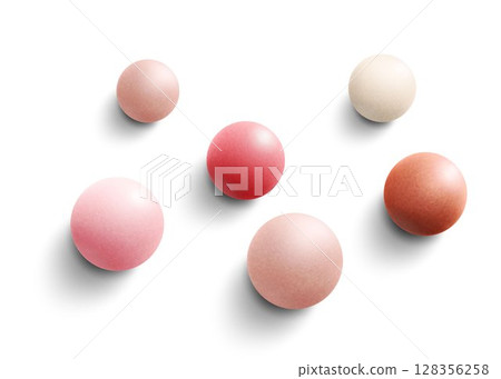 Blush balls, foundation, powder balls, meteorites. Vector colorful realistic 3d balls with shadow. Round sphere in pearls pastel, pink and beige colors isolated on white background. 128356258