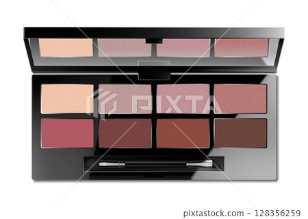 Make-up color eyeshadow palette isolated on white background. Eyeshadow or blush kit container. Open compact makeup cosmetic case with mirror, 3d realistic vector template. 128356259