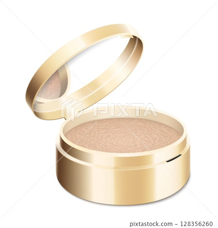 Compact powder in round gold case with mirror. Cushion face foundation case. 3d vector realistic cosmetics isolated on white background. Mockup for branding and ads. Side view on opened plastic box. 128356260