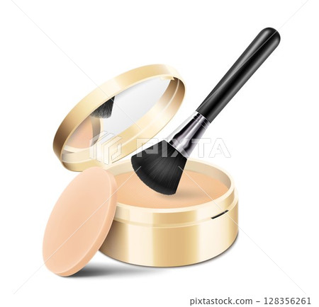 Compact powder with brush and sponge. Round gold case with mirror. Cushion face foundation case. 3d vector realistic cosmetics isolated on white background. Mockup for branding and ads. 128356261