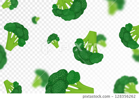 Broccoli background. Flying fresh broccoli cabbage on transparent background. Flat design. Falling broccoli, isolated vegetables. Nature product. Vector illustration Broccoli background. Flying fresh broccoli cabbage on transparent background. Flat design. Falling broccoli, isolated vegetables. Nature product. Vector illustration 128356262
