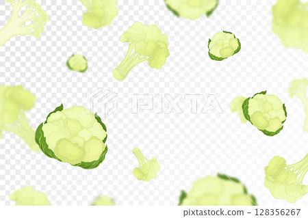 Cauliflower background. Flying fresh cauliflower on transparent background. Flat design. Falling cauliflower, isolated vegetables. Nature product. Vector illustration 128356267