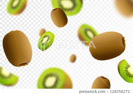 Kiwi background. Flying whole and half of kiwi fruit with defocused blurry effect. Can be used for wallpaper, banner, poster, print, fabric, wrapping paper. 3d realistic vector design Kiwi background. Flying whole and half of kiwi fruit with defocused blurry effect. Can be used for wallpaper, banner, poster, print, fabric, wrapping paper. 3d realistic vector design 128356272