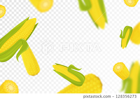 Corn background. Flying fresh yellow ripe corn on transparent background. Flat design. Falling corn, isolated vegetables. Nature product. Vector illustration Corn background. Flying fresh yellow ripe corn on transparent background. Flat design. Falling corn, isolated vegetables. Nature product. Vector illustration 128356273