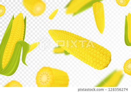 Corn background. Flying fresh yellow ripe corn on transparent background. Flat design. Falling corn, isolated vegetables. Nature product. Vector illustration Corn background. Flying fresh yellow ripe corn on transparent background. Flat design. Falling corn, isolated vegetables. Nature product. Vector illustration 128356274