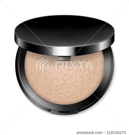 Face compact makeup powder. Realistic cosmetic glow baked powder in the black round plastic case with mirror. Isolated on white background. Top view. Vector 3d Face compact makeup powder. Realistic cosmetic glow baked powder in the black round plastic case with mirror. Isolated on white background. Top view. Vector 3d 128356275