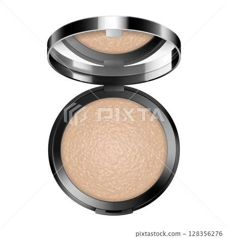 Face compact makeup powder. Realistic cosmetic glow baked powder in the black round plastic case with mirror. Isolated on white background. Top view. Vector 3d 128356276