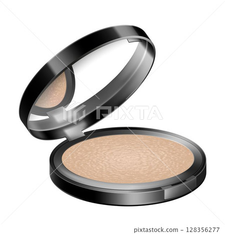 Face compact makeup powder. Realistic cosmetic glow baked powder in the black round plastic case with mirror. Isolated on white background. Side view. Vector 3d Face compact makeup powder. Realistic cosmetic glow baked powder in the black round plastic case with mirror. Isolated on white background. Side view. Vector 3d 128356277