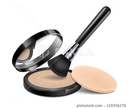 Face compact makeup powder with brush applicator and sponge. Realistic cosmetic glow baked powder in the black round plastic case with mirror. Isolated on white background. Vector 3d 128356278