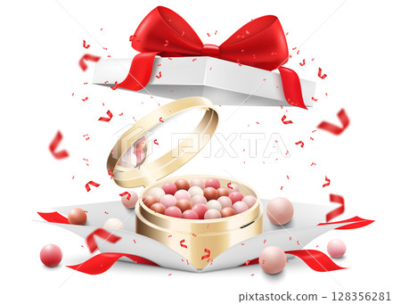 Blush balls, powder balls in round case inside open gift box, isolated on white background. White gift box with cosmetic. Present, Gift, Surprise concept. 3D realistic vector illustration 128356281