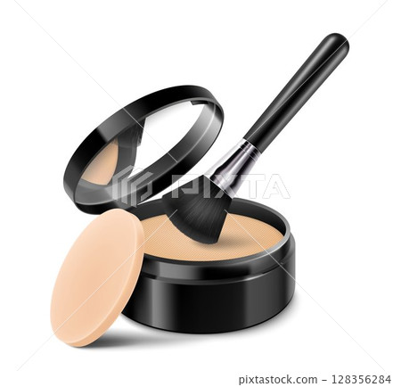 Compact powder with brush and sponge. Round black case with mirror. Cushion face foundation case. 3d vector realistic cosmetics isolated on white background. Mockup for branding and ads. Compact powder with brush and sponge. Round black case with mirror. Cushion face foundation case. 3d vector realistic cosmetics isolated on white background. Mockup for branding and ads. 128356284