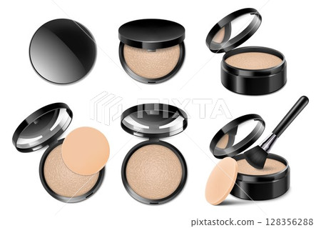 Set of face cosmetic makeup powder in black round plastic case with mirror, with powder brush and sponge. Realistic 3d vector illustration, Isolated on White Background Set of face cosmetic makeup powder in black round plastic case with mirror, with powder brush and sponge. Realistic 3d vector illustration, Isolated on White Background 128356288