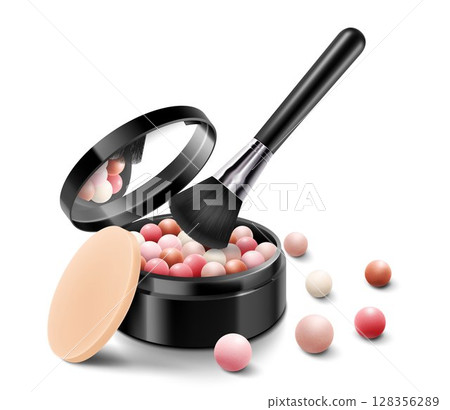 Blush balls with brush and sponge in round black case with mirror, colorful powder balloons, realistic 3d vector illustration, isolated on white background. Cosmetics for beauty. 128356289