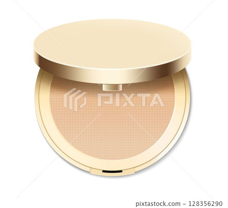 Compact powder in round gold case with mirror. Cushion face foundation case. 3d vector realistic cosmetics isolated on white background. Mockup for branding and ads. Top view on opened plastic box. 128356290