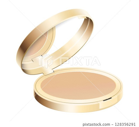Compact powder in round gold case with mirror. Cushion face foundation case. 3d vector realistic cosmetics isolated on white background. Mockup for branding and ads. Side view on opened plastic box. 128356291